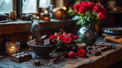 Poster - Valentine's day romantic scene with chocolates and flowers on the table on a michelen restaurant 