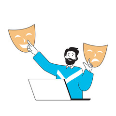 Fototapete - Education concept with cartoon people in flat design for web. Student studying acting in distance theater courses using laptop at home. Vector illustration for social media banner, marketing material.
