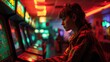 gamers at vintage arcade machines, arcade with glowing neon and pastel walls, nostalgic fashion, contrasting neon lighting, bomber jacket, pixelated graphics