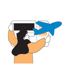 Poster - Travel concept with cartoon people in flat design for web. Woman with flight ticket going to vacation rest and international voyage. Vector illustration for social media banner, marketing material.