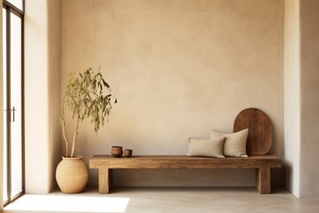 Earthy tones harmonize as a Japandi-inspired wooden bench rests against a beige stucco wall, offering an inviting focal point in a modern entrance hall.