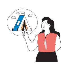 Poster - Travel concept with cartoon people in flat design for web. Woman going in summer camping vacation with tent and outdoors hiking. Vector illustration for social media banner, marketing material.