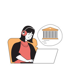 Poster - Travel concept with cartoon people in flat design for web. Woman preparing to vacation and researching tourist information online. Vector illustration for social media banner, marketing material.