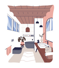 Poster - Home bathroom, modern interior design. Cozy bath room with bathtub, tub, toilet, mirror, window and plants. Comfortable washroom in trendy style. Flat vector illustration isolated on white background