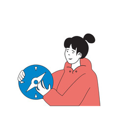 Poster - Travel concept with cartoon people in flat design for web. Woman with compass going to backpacking trip with hiking and discovering. Vector illustration for social media banner, marketing material.