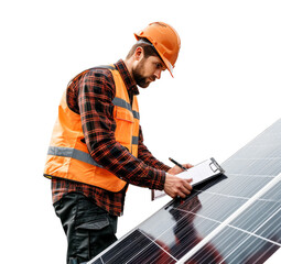 Poster - Full length portrait of a male engineer leaning on solar cell panel and holding a clipboard