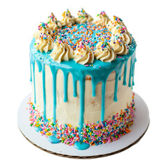 Poster - Birthday Cake with a blue ganache drip and colorful sprinkles isolated on a white background