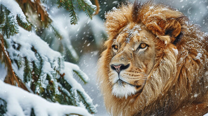 Wall Mural - Portrait of a lion in the snow