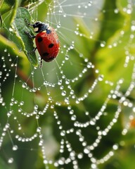 Wall Mural - A ladybug sits on a web with water droplets. Generative AI.