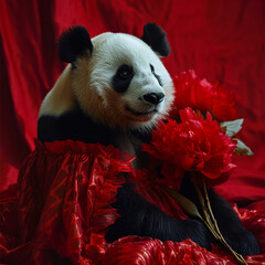 Wall Mural - Giant panda in red dress