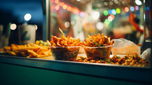 Close Up Portrait Of Junk Food On A Counter Top Of A Food Truck, Evening Atmosphere With Blurred Bokeh Lights