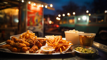 Wall Mural - Close up portrait of junk food on a counter top of a food truck, evening atmosphere with blurred bokeh lights