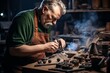 Craftsman in a workshop shaping a smoking pipe, surrounded by tools and wood shavings