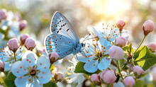 Delicate Blue Butterfly With Spotted Wings Rests On White Flowers, Surrounded By Soft Pink Buds And Green Leaves, Bathed In Warm Sunlight