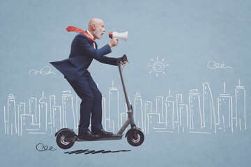 Wall Mural - Businessman riding an electric scooter and sketched city