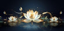 Illustration Of Beautiful Lotus Flowers Blooming On A Black Background. Generative AI