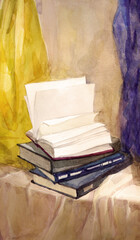 Watercolor painting. Still life with books
