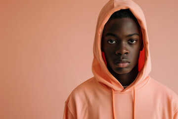 Wall Mural - African American serious teenage boy wearing hoodie on peach background