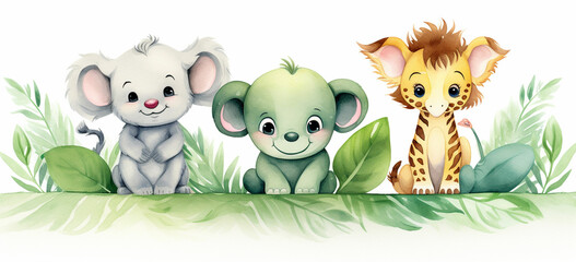 Wall Mural - watercolor illustration cute baby safari animals sit on green grass and tropical leaves