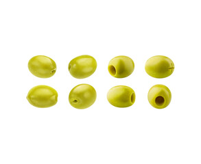 Wall Mural - Realistic isolated green olives 3d vector set. Small, raw, oval-shaped fruits with seeds and seedless, with a smooth skin, slightly bitter flavor, used in salads, pasta dishes, Mediterranean cuisine