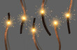 Dynamite fuses, bomb burning wicks of TNT explosive with sparks, realistic vector. Dynamite wick fuse with fire sparks, explosion detonator cables ropes with sparkles for firecracker or pyrotechnics