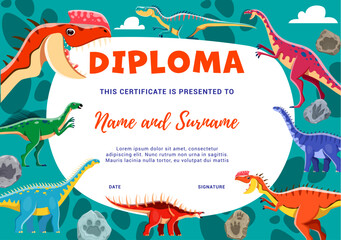 Wall Mural - Kids diploma. Cartoon funny dinosaur characters and fossil stone footprints. Diploma vector template with Monolophosaurus, Dubreuillosaurus, Wannanosaurus and Barapasaurus, Kentrosaurus cute personage