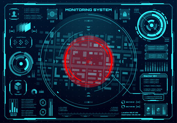 Poster - Surveillance HUD monitor screen, military security or spyware system technology, vector map. HUD surveillance radar interface with cyber spy controls, digital UI dashboard for aim location monitoring