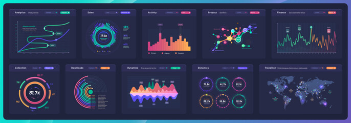 Poster - Dashboard data charts, infographics, graphs and info diagrams. Business presentation charts, finance performance and market analysis infographics vector panels with wold map, graphs and diagrams