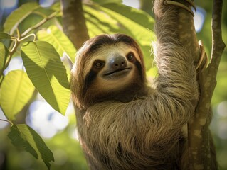 Poster - A sloth is hanging on a tree branch. Generative AI.