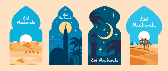 Wall Mural - Eid Mubarak holiday, mosque windows with arabic landscapes. Islam Ramadan Kareem vector greeting card, muslim temple, minaret, night sky, moon and stars. Desert, palms and camels in arch window frame