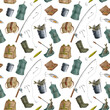 Watercolor fishing equipment seamless pattern. Hand drawn fishing rod, bait, lure, net, bucket,, creel, backpack isolated on transparent background. Angling hobby supplies. Catching fish, camping
