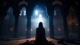 Fototapeta Las - Silhouette of Muslim woman worshiping and praying for fasting and Islamic Eid culture in old mosque with lighting and smoke background, copy space - generative ai