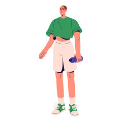 Wall Mural - Sporty guy in summer outfit holds bottle of water. Happy young man carrying drink for sports, fitness, jogging. Stylish athlete model standing. Flat isolated vector illustration on white background