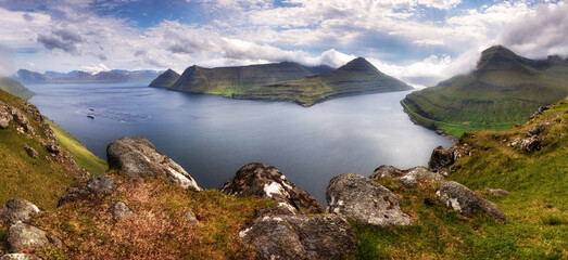 Poster - Panorama landscape of spectacular mountains and fjords near the village of Funningur from the Hvithamar mountain in Faroe Islands, Denmark.