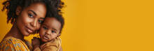 Child care with African American mother with her baby, Health care and happy family concept, empty space in studio shot isolated on yellow long banner background, generative AI