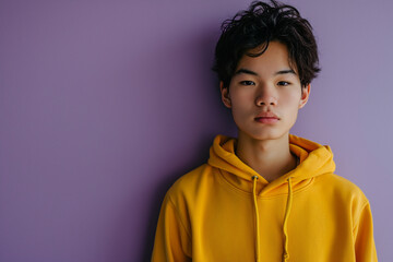 Wall Mural - Asian serious teenage boy wearing yellow hoodie on purple background