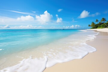 Wall Mural - White sandy beach, clear water, and a pristine sky.