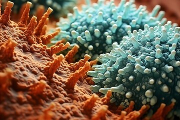 A scientific representation of the viral infection process in tobacco plants, seen through a microscope