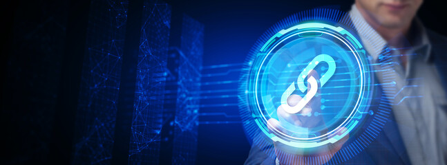 Chain Link icon on abstract blue background. Hyperlink chain symbol concept.