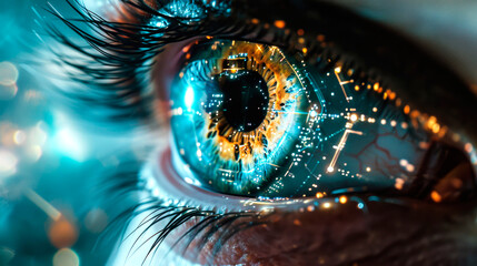close up view of human eye in darkness with data illustration, robotic concept. ai generated