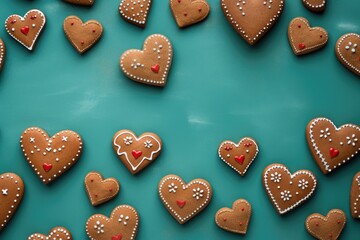 Wall Mural - Homemade valentine cookies on turquoise blue background. Gingerbread hearts for Valentine's day. Sugar glazed cookies. Present for holiday, birthday, woman's day