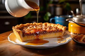 Wall Mural - A heartwarming image of a freshly baked maple syrup pie on a kitchen counter - featuring a golden crust - with a slice being carefully served - highlighting a homely baking scene.