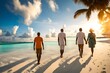 A couple walking in the morning sunshine on a tropical beach, baa atoll, maldives
