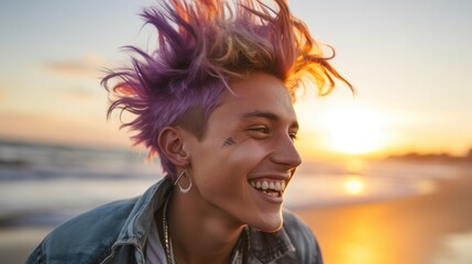 Sticker - A man with purple hair and piercings on a beach. Generative AI.