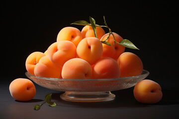 Canvas Print - Fresh ripe apricots in a glass bowl on a black background