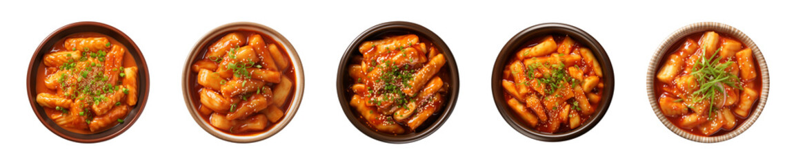 Wall Mural - Collection bowl of Korean food, tteokbokki isolated on a transparent background, top view 