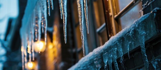 Poster - Hazardous icicles on building pose risk to pedestrians in winter.