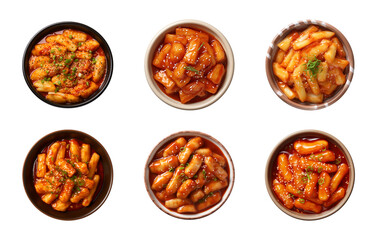 Wall Mural - Collection bowl of Korean food, tteokbokki isolated on a transparent background, top view 