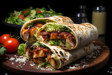 Wall Mural - Grilled Chicken Caesar Wrap, dramatic studio lighting and a shallow depth of field. Placed on a reflective black surface.no.03