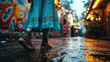 AI generated illustration of a woman wearing a blue dress, walking down a wet city street